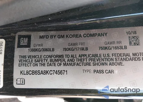 2019 Chevrolet Spark Ls Cvt z USA, uszkodzony, nr VIN KL8CB6SA8KC745671